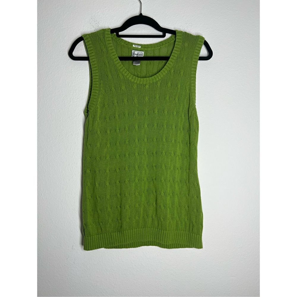 Chico's Womens Sweater Size 3 Large Green Sleeveless Scoop Neck Cable Knit